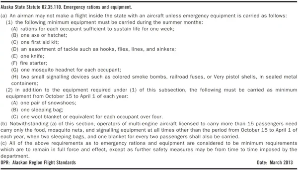 Alaska State Statute 02.35.110. Emergency Rations and Equipment